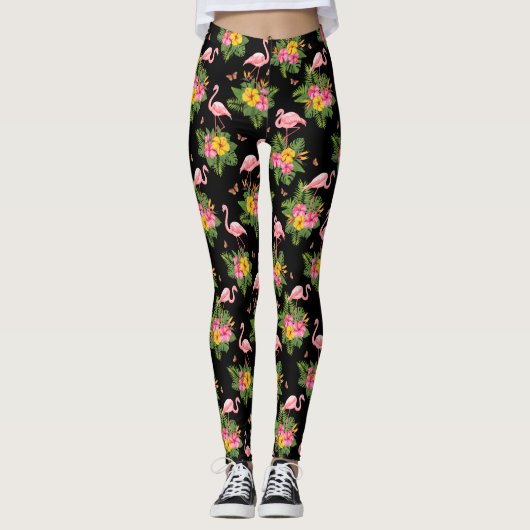Tropisches rosa Schwarzes Flamingo-Muster Leggings (Vorderseite)