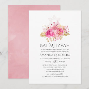 Tropisches Rosa und Gold Rosen Wasserfarbe Bat Miz Einladung