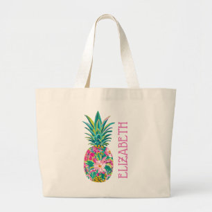 Tropisches Rosa und Grün Florales Ananas Jumbo Stoffbeutel