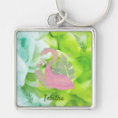 Tropisches Rosa und grüne Flamingo und Palmen Schlüsselanhänger (Vorne)