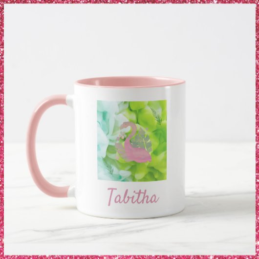 Tropisches Rosa und grüne Flamingo und Palmen Tasse