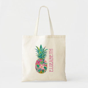 Tropisches Rosa und Grünes Florales Ananasmotiv Tragetasche