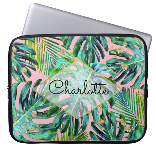 Tropisches Rosen-GoldGlitzer-Palmblatt-Muster Laptopschutzhülle (Vorderseite)