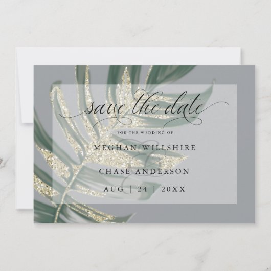 Tropisches Rustikales Split Leaf Save The Date (Vorderseite)