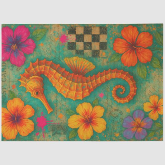 Tropisches Seepferd Postcard Decoupage Boho Seidenpapier (Vorderseite)