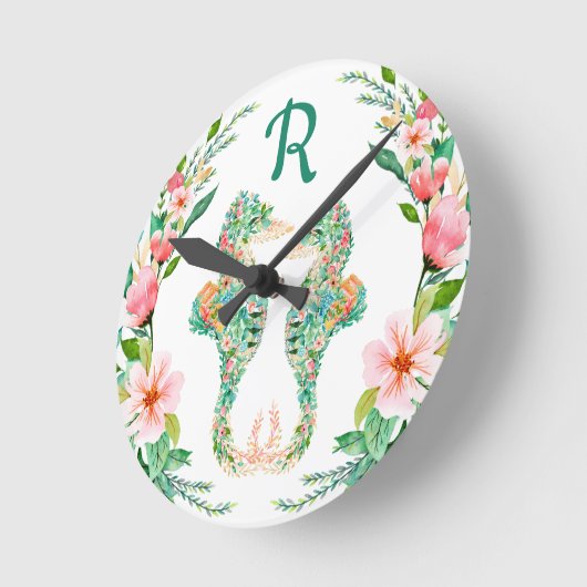 Tropisches Seepferd Wasserfarben Mit Monogramm Runde Wanduhr (Winkel)