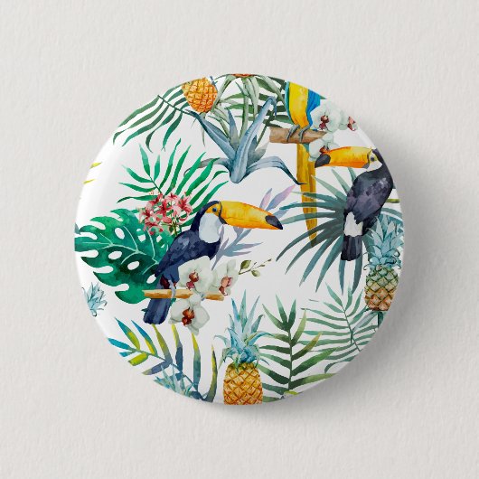 Tropisches Sommer Ananas-Papageien-Vogel-Aquarell Button (Vorderseite)