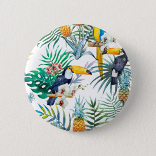 Tropisches Sommer Ananas-Papageien-Vogel-Aquarell Button