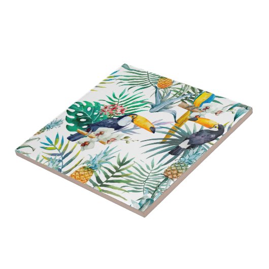 Tropisches Sommer Ananas-Papageien-Vogel-Aquarell Fliese (Seite)