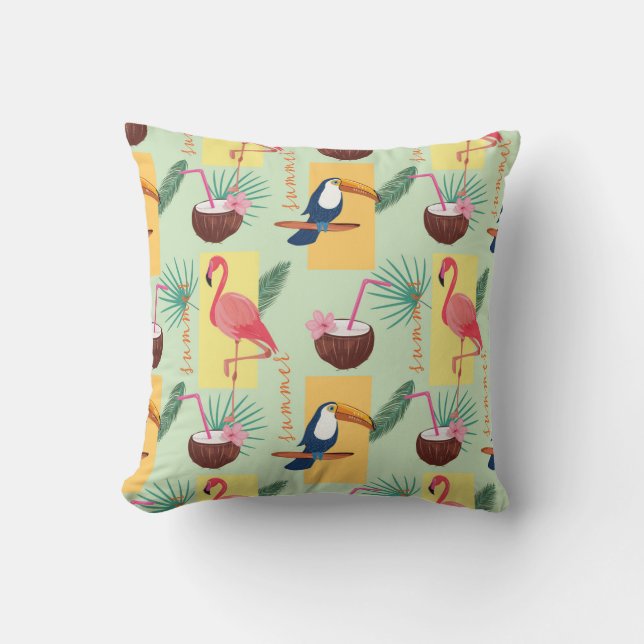 Tropisches Sommermuster mit Flamingos Toucans Kissen (Vorderseite)