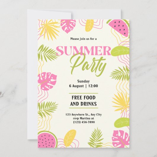 Tropisches SommerParty grün und rosa Einladung (Vorderseite)
