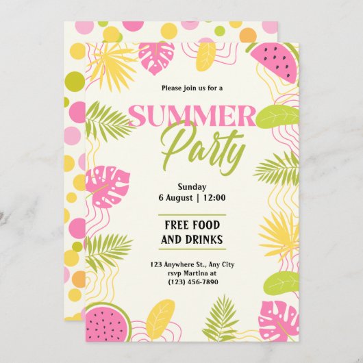 Tropisches SommerParty grün und rosa Einladung (Vorne/Hinten)