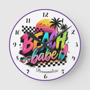 Tropisches Sonnenuntergangs-Strand-Babe-Küstenkuns Runde Wanduhr
