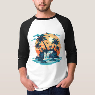 Tropisches Sonnenuntergangs-Wasserfall-Grafik-T-Sh T-Shirt
