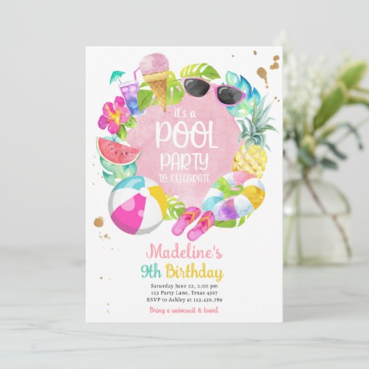 Tropisches Splish Splash Pool Party Bash Birthday Einladung (Stehend Vorderseite)