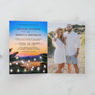 Tropisches Strand-Sonnenuntergangs-Lichter-Foto-QR Einladung