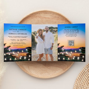 Tropisches Strand-Sonnenuntergangslicht Foto QR-Co Dreifach Gefaltete Einladung