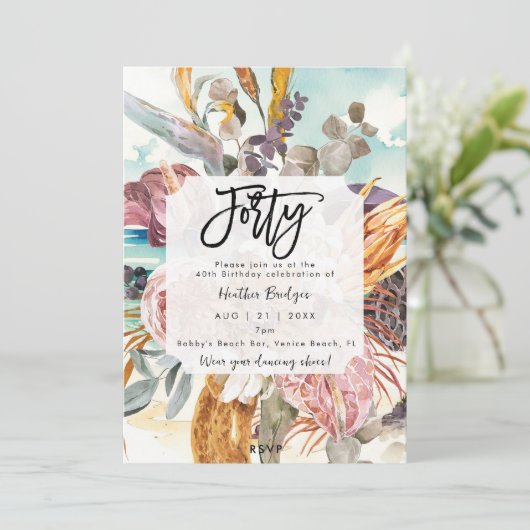 Tropisches Strandblütenfest 40. Geburtstag Party Einladung (Stehend Vorderseite)