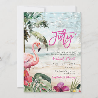 Tropisches Strandflamingo 50. Geburtstagsparty Einladung