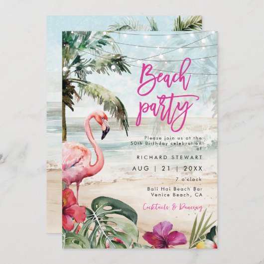 Tropisches Strandflamingo Sommergeburtstag Party Einladung (Vorne/Hinten)