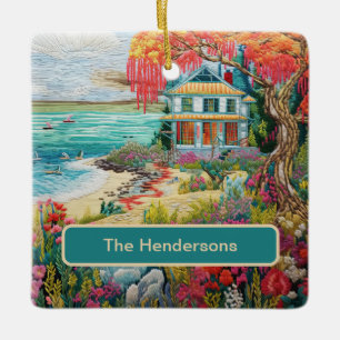 Tropisches Strandhaus Türkis Rosa Name Weihnachten Keramikornament