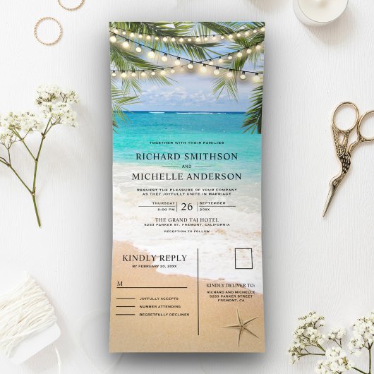 Tropisches Strandlicht in einer Hochzeit Dreifach Gefaltete Einladung
