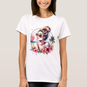Tropisches Strandmädchen Aquarell T-Shirt