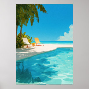 Tropisches Strandresort mit Pool und Liegestühlen  Poster