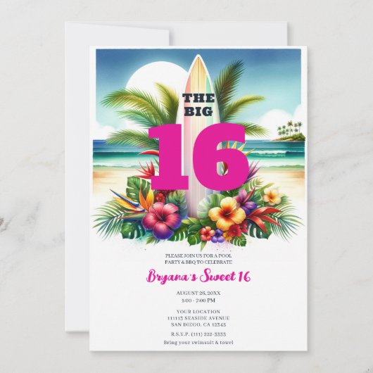 Tropisches Surfboard Pool Party Sweet 16 Einladung (Vorderseite)