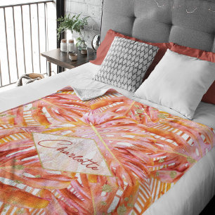 Tropisches Terracotta Monstero Leaf Muster Modern Fleecedecke