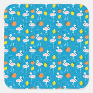 Tropisches Thema Flamingo Früchte auf blauem Hinte Quadratischer Aufkleber