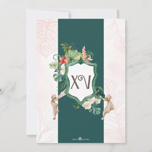Tropisches Thema Grün und Rosa Sommer Quinceanera Einladung (Rückseite)