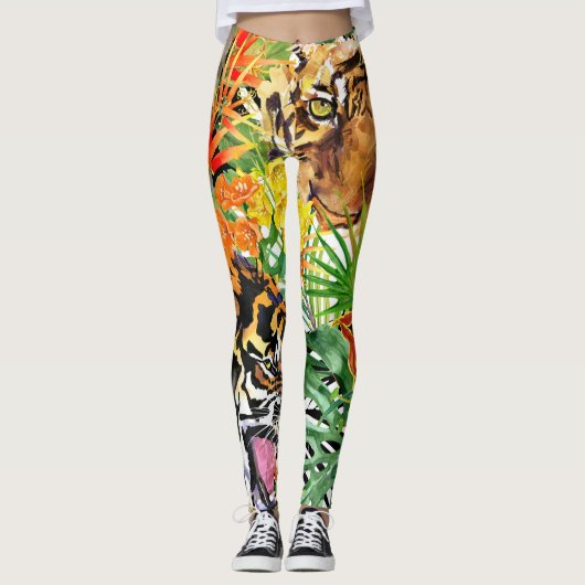 Tropisches Tiger-Watercolor-Dschungelmuster Leggings (Vorderseite)