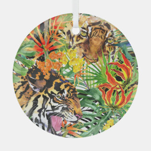 Tropisches Tiger-Watercolor-Dschungelmuster Ornament Aus Glas