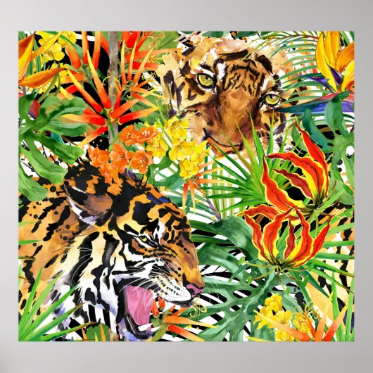 Tropisches Tiger-Watercolor-Dschungelmuster Poster (Vorne)