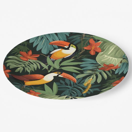 Tropisches Toucan-Muster Pappteller (Schrägansicht)