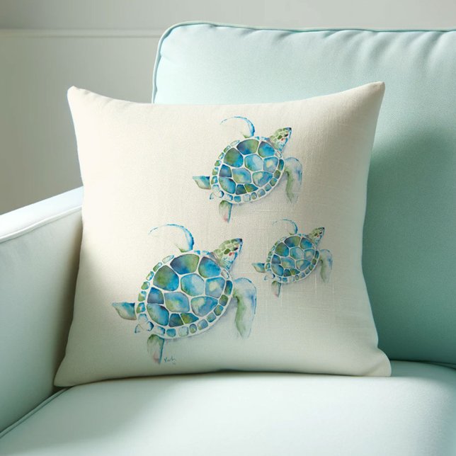 Tropisches türkisfarbenes Blaues Meer Kissen (Sea turtle throw pillows gift idea for her watercolor art by Victoria Grigaliunas Do Tell A Belle)