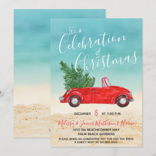 #Tropisches Vintage-Rotes Auto #Weihnachtsfeier Einladung