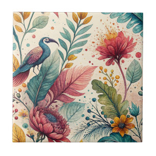 Tropisches Vogel- & Blumenaquarellmalerei-Muster Fliese