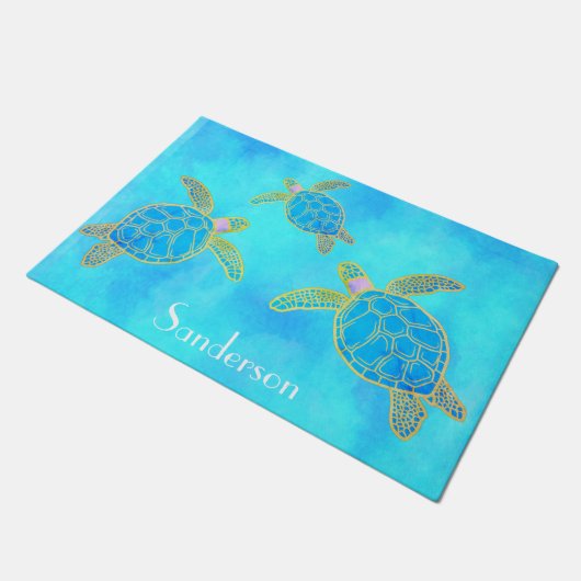 Tropisches Wasser Küstenmeer Schildkröte Aqua Fußmatte (Schrägansicht)