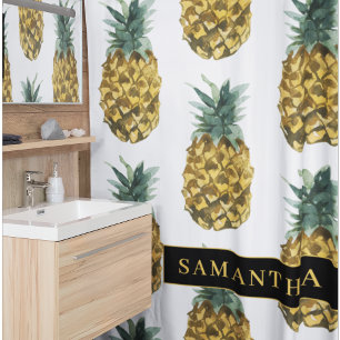 Tropisches Wasserfarben-Ananas-Muster mit Namen Duschvorhang