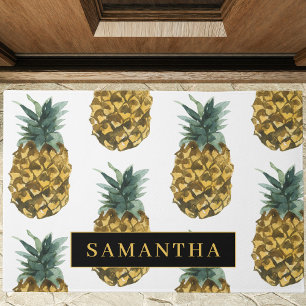 Tropisches Wasserfarben-Ananas-Muster mit Namen Fußmatte