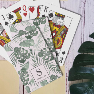 Tropisches Wasserfarben-Palmwedel-Muster-Monogramm Spielkarten