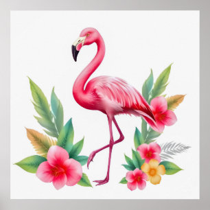 Tropisches Wasserfarben-Pink-Flamingo-Blumen-Hawai Poster