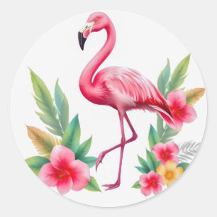 Tropisches Wasserfarben-Pink-Flamingo-Blumen-Hawai Runder Aufkleber