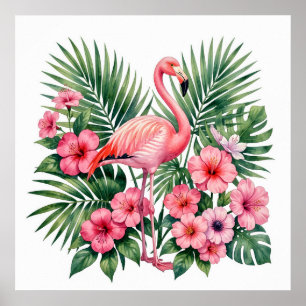 Tropisches Wasserfarben-Rosa-Flamingo-Blumen-Hawai Poster