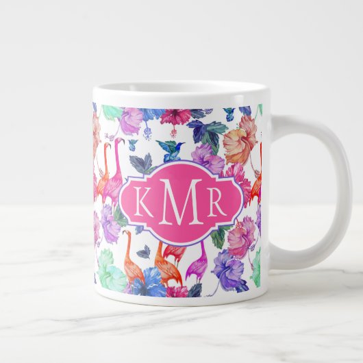 Tropisches Wasserfarbmuster| Monogramm Jumbo-Tasse (Rechts)