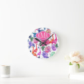 Tropisches Wasserfarbmuster | Monogramm Runde Wanduhr (Zuhause)