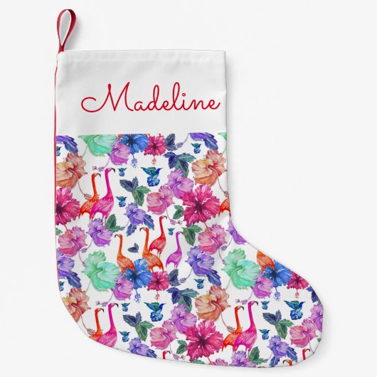 Tropisches Wasserfarbmuster| Name hinzufügen Kleiner Weihnachtsstrumpf (Vorderseite)