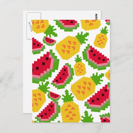 Tropisches Wassermelon- und Ananas-Pixel-Muster Postkarte (Vorne/Hinten)